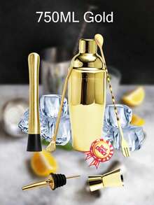 6 件套鸡尾酒调酒工具套装，不锈钢酒吧工具套件，波士顿调酒器，饮料搅拌器，带捣碎器、勺子、量酒器、过滤器 - 混色 - 查看 7