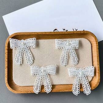 10pcs, Lace Bow Floral Embroidery Cloth Patch, Faux Pearl Bow Applique Decoration Accessories, Patch Applique Decoration, Used For DIY Sewing And Decoration, Suitable For Clothes, Hat Decor Accessories, Hairpin Jewelry Decoration Accessories, DIY Jewelry Accessories