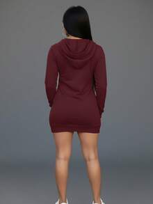 Casual Women's Hooded Dress With Pocket - Drawstring, Long Sleeve, Solid Color, Machine Washable - 酒紅色 - 查看 3