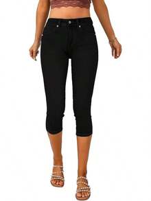 Vetinee High Waisted Skinny Slim Fit Capri Jeanshalloween - 純黑色 - 查看 12