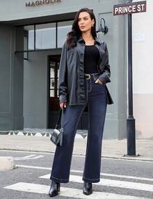 Flare Jeans For Women Thin Fleece Lined High Waisted Wide Leg  Fall Stretchy Denim Pants Trouser Jeanshalloween - 靛藍天藍色 - 查看 2