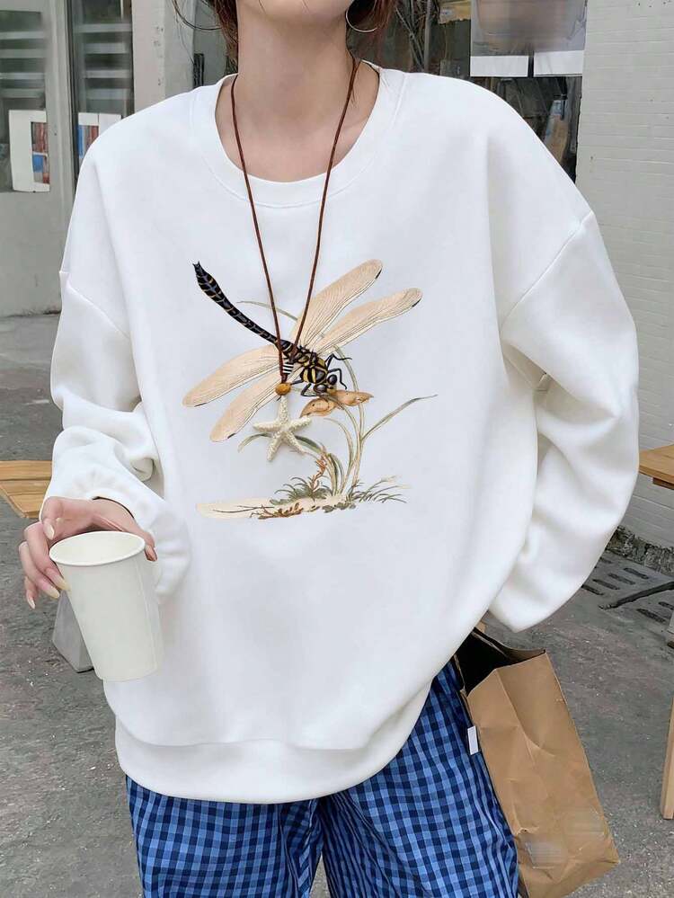 Sweat-shirt femme en coton à col rond avec imprimé libellule. Vêtement de sport ample en coton avec col rond, tissu épais convenant à l'automne et l'hiver, doublure polaire chaude. Top basique décontracté et confortable pour femme, style polyvalent pour la rue et l'université. Top à manches longues adapté aux temps froids. Vêtement de sport de rue pour femme. - Blanc - Voir 3