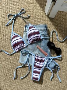 性感复古条纹比基尼套装 - 蓝色滚边三角上衣和高腰可调节泳裤 | 女士沙滩度假泳装 - 彩色 - 查看 3