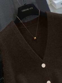 1pc Solid White Knitted Button-Up V-Neck Sleeveless Summer Cardigan Sweater Vest - Brown - View 3