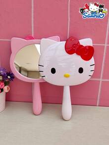 1pc Hello Kitty Handheld Mini Makeup Mirror, 5.51 Inch Cute Cartoon Design, Portable Long Handle Travel Mirror, Convenient For Makeup Anytime, Anywhere - Multicolor - View 2