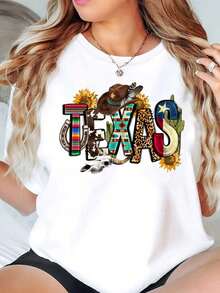 Texas State Flag & Sunflower Print Round Neck Casual Tee For Women, Perfect Gift For Texas Lover, Plus Size T-Shirt 220g - trắng - Xem 1