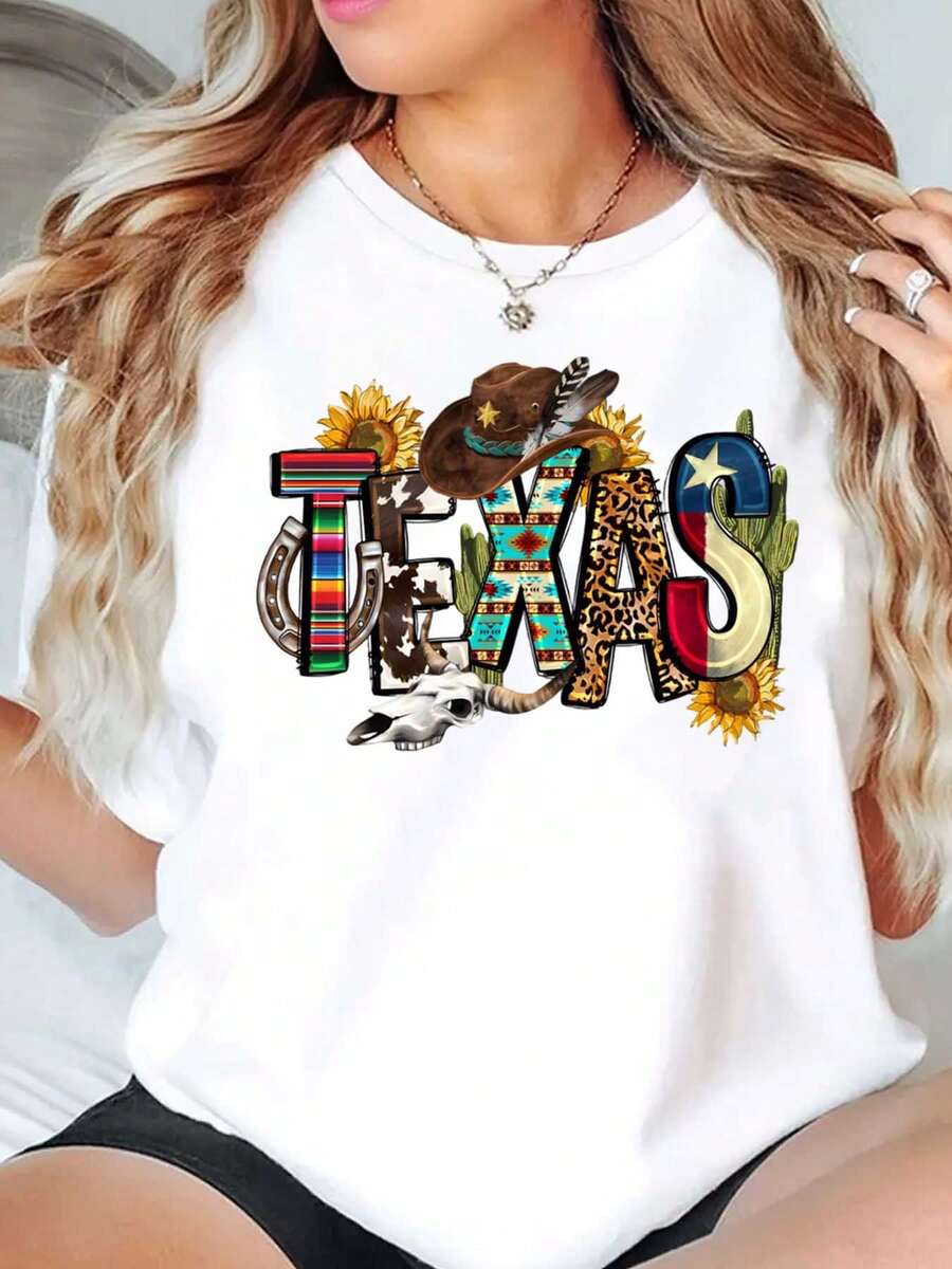 Texas State Flag & Sunflower Print Round Neck Casual Tee For Women, Perfect Gift For Texas Lover, Plus Size T-Shirt 220g - trắng - Xem 1
