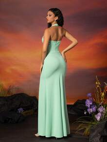 VIPGIRL Váy phù dâu màu xanh bạc hà cổ yếm xẻ tà thanh lịch - Màu xanh Bạc hà - Xem 2
