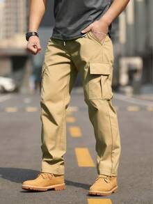Men's Solid Color Drawstring Pocket Outdoor Work Pants, Straight Leg Solid Color Work Pants, Suitable As A Gift For Husband Or Boyfriend, Versatile For All Seasons, Casual Everyday Wear Spring - 卡其色 - 查看 2