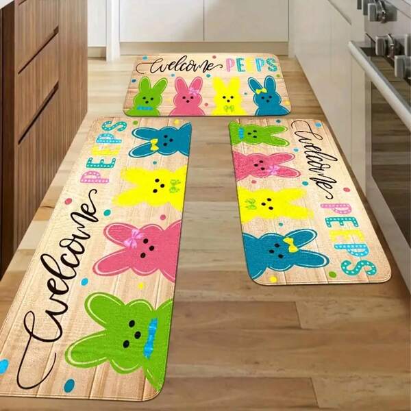 Juego de alfombras de cocina, alfombra de bienvenida con conejito de Pascua, alfombra de piso de madera de cocina, decoración de cocina con conejito de dibujos animados, alfombra pequeña de material de franela antideslizante y suave, fácil de limpiar, adecuada para dormitorio, sala de estar, comedor, cocina, baño, entrada, lavandería