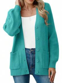 Women Chunky Knit Cardigan Sweater Long Sleeve Button Up Cardigan With Pocket Sweater Coat Fall And Winter, Fashionable Knitwear SLK8 - 藍綠色 - 查看 11