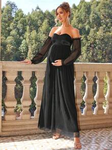 Joyfunear Elegant Maternity Party Dress With Off Shoulder Sheer Mesh Lantern Sleeves