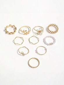 可堆叠金戒指，心形水钻，多种款式，指节戒指，厚金戒指套装，精致堆叠可爱戒指，各种尺寸，可爱的珠宝礼品套装 - 均碼 - 查看 7