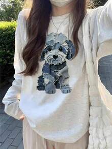 Petite 女士休闲圆领棉质长袖印花 T 恤，百搭秋冬装 - 淺花灰 - 查看 3