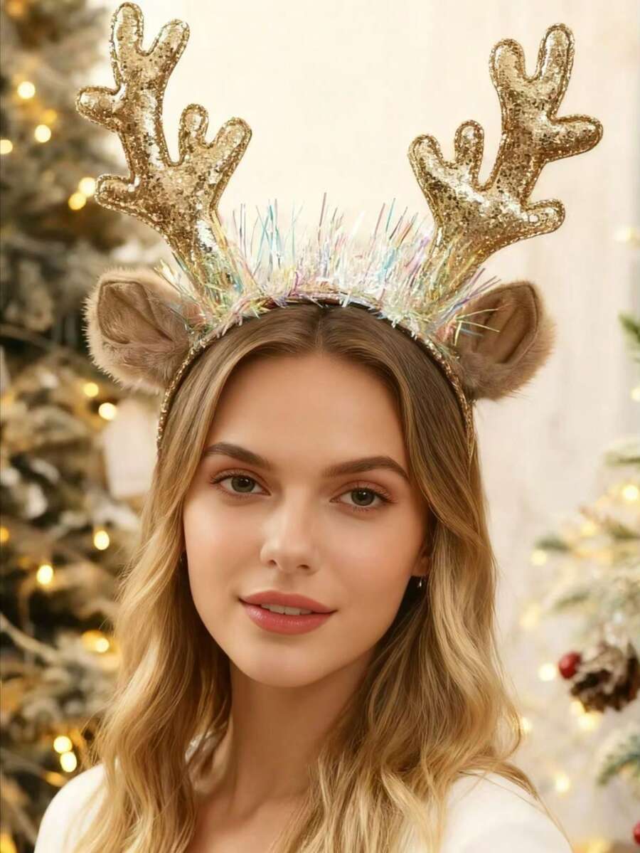 1pc Women's Christmas Reindeer Antler Headband, Decorative Shiny Headband For Party Atmosphere, Suitable For Holiday, Party, New Year Wearing Hair Band Hair Hoop Home Decor Christmas Decorations Room Decor