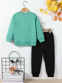 Set de 2 piezas para niños pequeños: Camisa de cuello redondo de manga larga con estampado de dinosaurios y pantalones holgados con cordón, apropiado para uso diario, viajes, fiestas de cumpleaños, regalo