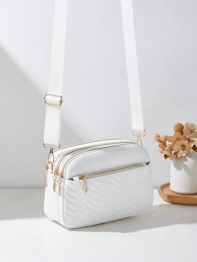 1pc Women's Casual Commuter Crossbody Bag, 4 Zipper Design, Solid Color Personalized Fashion Wavy Pattern, Comfortable Handheld And Shoulder Strap, Large Capacity, Suitable For Travel, Shopping, Commuting