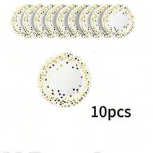 A Set Of 50 Or 80 Disposable Party Supplies In White And Gold, Including White Paper Plates, Napkins And Cups With Gold Dots, Suitable For Weddings, Baptisms, Birthdays, Graduation Ceremonies And Daily Use. Made Of Paper, No Power Supply Required. - Multicolor - View 15