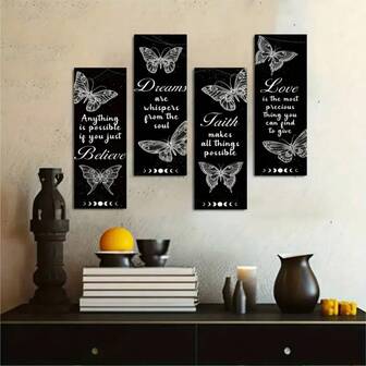 2D Flat, 4-Piece Inspirational Wooden Wall Art Set - Black & White Butterfly Pattern, Believe In Dreams, Faith, Love Symbols - English Text, For Living Room, Bedroom, Bar, Cafe, Party Wall Decor - Includes Double-Sided Tape