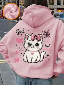 1pc Tween Girl Casual Printed Pullover Sweatshirt, Thermal Lined, Long Sleeve, Autumn/Winter Student Clothing - Pink - View 7