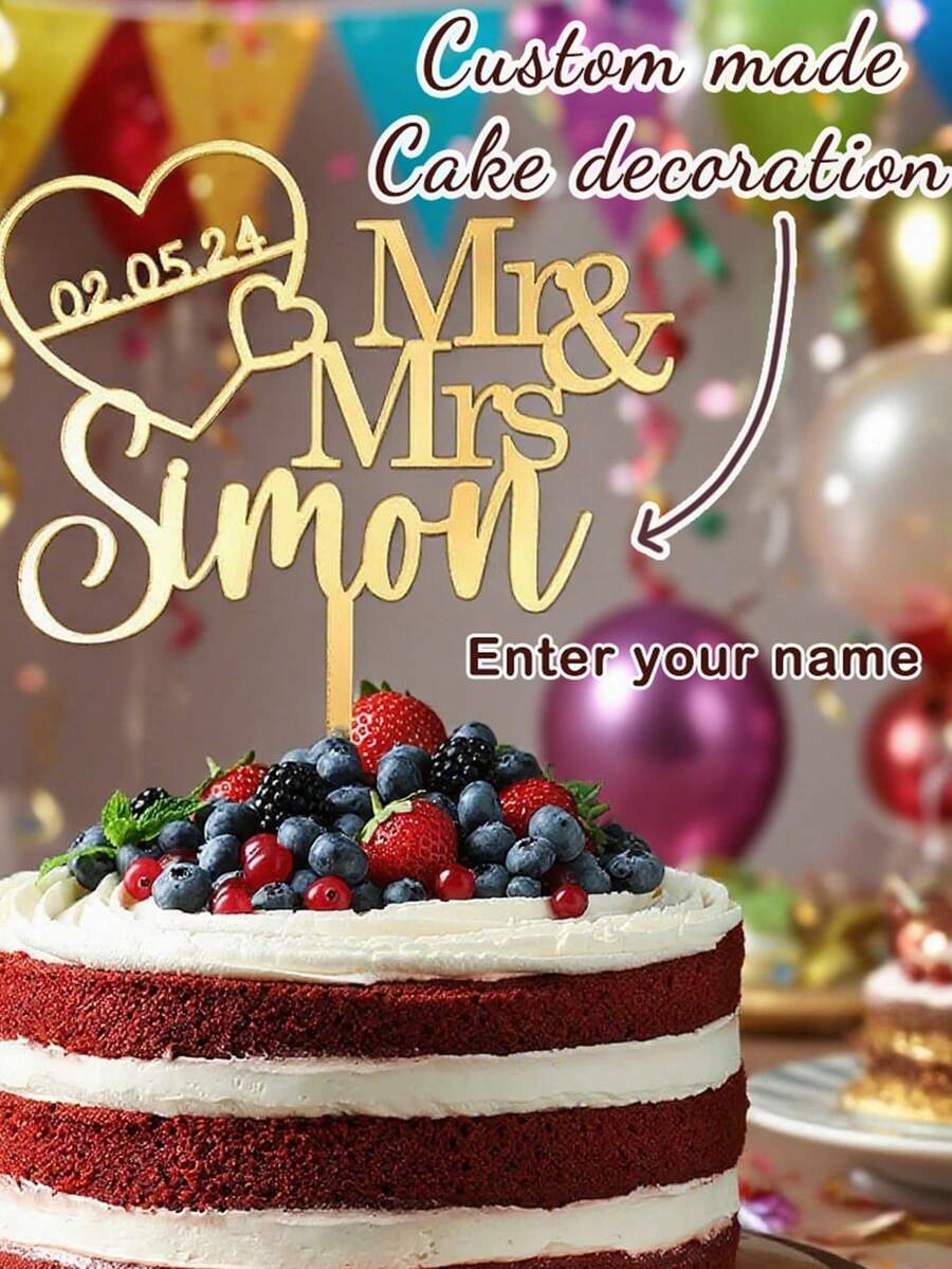 Custom Cake Topper, Personalized Name Date, Wedding Birthday Anniversary Decor - Acrylic Laser Cut Cake Decoration, Custom Mr Mrs Cake Topper, For Wedding Cake, Birthday Party, Baby Shower Christening, Couple, Parents, Grandparents, Cake Topper For Wedding, Personalized Cake Topper, Rustic Wedding Cake Topper, Wedding Cake Topper, Gold Wedding, Party Decorations, Home Decorations, Commemorative Gifts - Multicolor - View 1