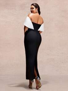 Plus Size Women's Off Shoulder Colorblock Bodice Zipper Detail Formal Evening Gown, Suitable For Wedding, Party, Autumn/Winter