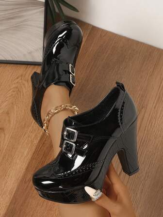 Black Patent Leather Oxford Shoes, Chunky Heel Waterproof Platform Pumps, Versatile For Cheongsam, Runway, Travel, Party, Holiday, Suitable For Women