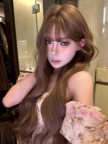 28 Inch Brown Long Waves Wig For Women - Elegant Fluffy Middle Part Curly Wig, Silk Synthetic Heat-Resistant Fiber Hair Wigs For Daily Wear, Music Festival & Ramadan Glam, Cosplay Costume Use - Wig Accessories