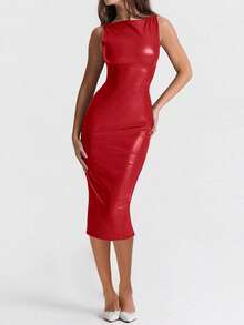 Sedessea 圣诞红色仿PU皮革无袖时尚优雅修身派对连衣裙，女士优雅款 - 紅色 - 查看 5