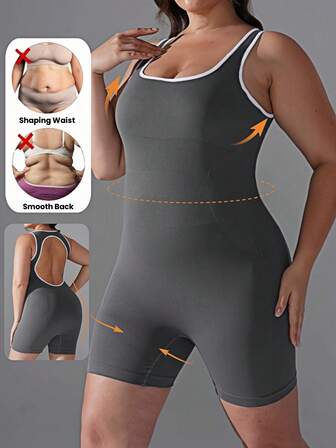 1pc Women's Casual Fashion Wide Crew Neck Shapewear Bodysuit, Seamless Comfortable Wide Strap Sexy Open Back Butt Lifting Bodysuit, Suitable For Daily Layering, Yoga, Cycling Sports Bodysuit