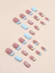 24Pcs/Set Nail Art Stickers - Light Blue, Floral, Butterfly Patterns, Medium Square Shape, Glossy Surface - Diversified Styles, Fashionable Manicure, Bright Nail Art |   Pattern Stamping |   Complex Nail Designs, Nail Accessories To Make Your Fingertips  Brilliantly, Suitable For Parties, Dances And Everyday Wear, Removable And Reusable Press On Nails Nail Supplies Nails - 彩色 - 查看 3