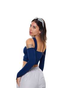 GABI CROPPED TOP WITH LONG SLEEVE CUTOUTS - Navy Blue - View 2