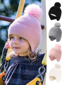 1顶婴儿毛球保暖带护耳帽可爱针织节日雪帽 - 1PC - 查看 2