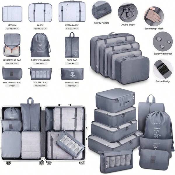 Packing Cubes 9 Set Packing Cubes With Shoe Bag And Electronics Bag Luggage Organizers Suitcase Travel Accessories Grey