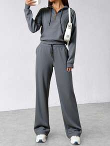 Elegante suéter de mujer con traje de pantalones largos - Gris Oscuro - Ver 3