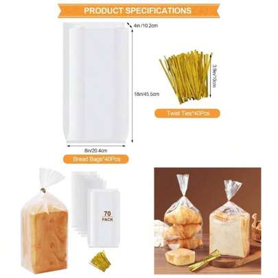 70 Pack Bread Bags 8x 4x 18 Pack Ties - Reusable Plastic Storage Bags Homemade Loaves, Bakers, And Bakery Owners