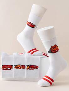 Disney 5双装汽车提花图案男士船袜，黑白条纹，可爱卡通图案，防臭吸湿，休闲运动圆领卡通设计，适合学生/成人作为礼物和日常穿着，袜子 - 彩色 - 查看 4