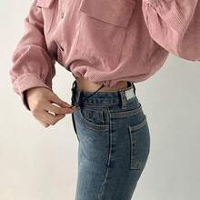 Jaket Pendek Lengan Lentera Kerah Lipat Saku Dada Bahan Korduroi Warna Pink Polos, Cocok untuk Acara Santai dan Pertemuan Natal di Musim Dingin - Berwarna merah muda - View 5