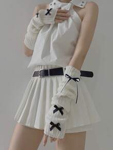 1 Pair Of Cute Bow Tie Women's Gloves Vertical Striped Women's Open Finger Gloves Y2K Warm Arm Cover Millennium Hot Girl Long Sleeve Cover