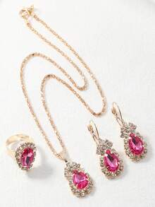 3 قطع مجموعة مجوهرات من الأقراط والخاتم والقلادة المرصعة بالراين الأنيقة، مناسبة للحفلات والهدايا العيدية