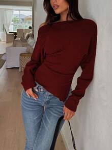 Elegant Fashion Casual Asymmetric Shoulder Knit Sweater, Slim Fit Asymmetrical Hem Pullover For Daily Commute - Red - View 4