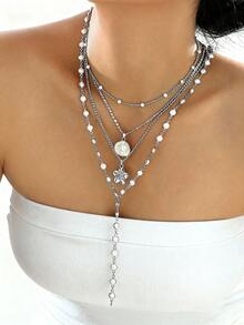 4pcs Vintage Bohemian Style Metal Shell & Faux Pearl Flower Pendant Tassel Necklace Set, Y-Shaped Chain, Suitable For Daily Wear And Beach Vacation, Women Jewelry - Yellow Gold - View 3