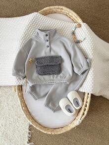 2件套男婴保暖加厚长袖圆领卫衣长裤套装，适合秋冬季穿着 - 深灰色 - 查看 3