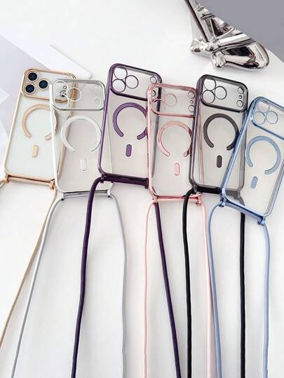 Custodia telefonica di lusso con collana a tracolla e laccio, rivestimento in placcatura lucida compatibile con 17 Pro Max e 17 Pro, con ricarica senza fili magnetica