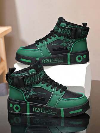 2026 Spring & Autumn Casual High-Top Sports Sneakers For Teenagers, Thick Sole Elevator Student Casual Shoes, Summer Non-Slip Breathable Personality Fashion Men Skate Shoes, Soft & Comfortable, Black & Blue Colors, Suitable For Daily Wear & Outdoor Hiking (Irregular Graffiti Pattern & Uneven Artificial Painting On Shoe Surface And Sole, Normal Condition)