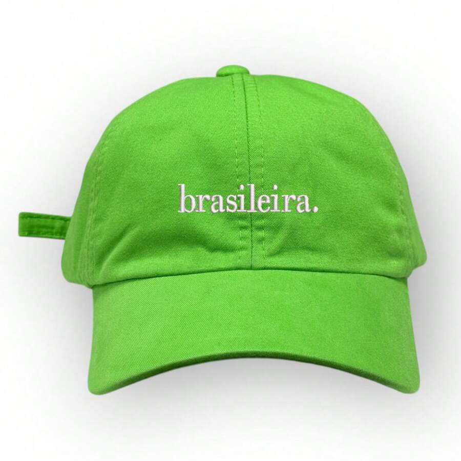 Unisex Dad Hat In 100% Cotton Twill, Brazilian Custom Curved Brim. - 柑橘綠繡花白 - 查看 1