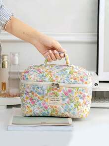 1 Set Of 3 Floral Pattern Portable Cosmetic Bags, 1 Fashionable Casual Large Capacity Zipper Cosmetic Bag, 1 Travel Makeup Bag For Storing Sanitary Napkins, Toiletries, Desktop Organizer - Multicolor - View 4