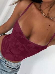 GLOpass 性感休闲提花系带露背蕾丝拼接吊带背心，适合夏季度假穿着 - 酒紅色 - 查看 6