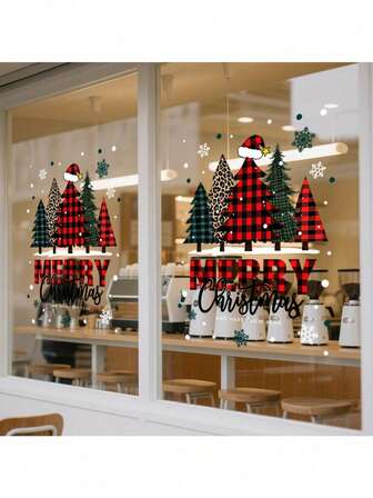 45*60cm Christmas Tree Window Sticker, Simple Style Holiday Decorative Film With "Merry Christmas" Greeting Message, Suitable For Holiday Party Door Decorations, Christmas Decorations, Christmas Window Stickers, Removable Christmas Window Stickers, Christmas Home Decorations, Christmas Decorations Home Room Decor