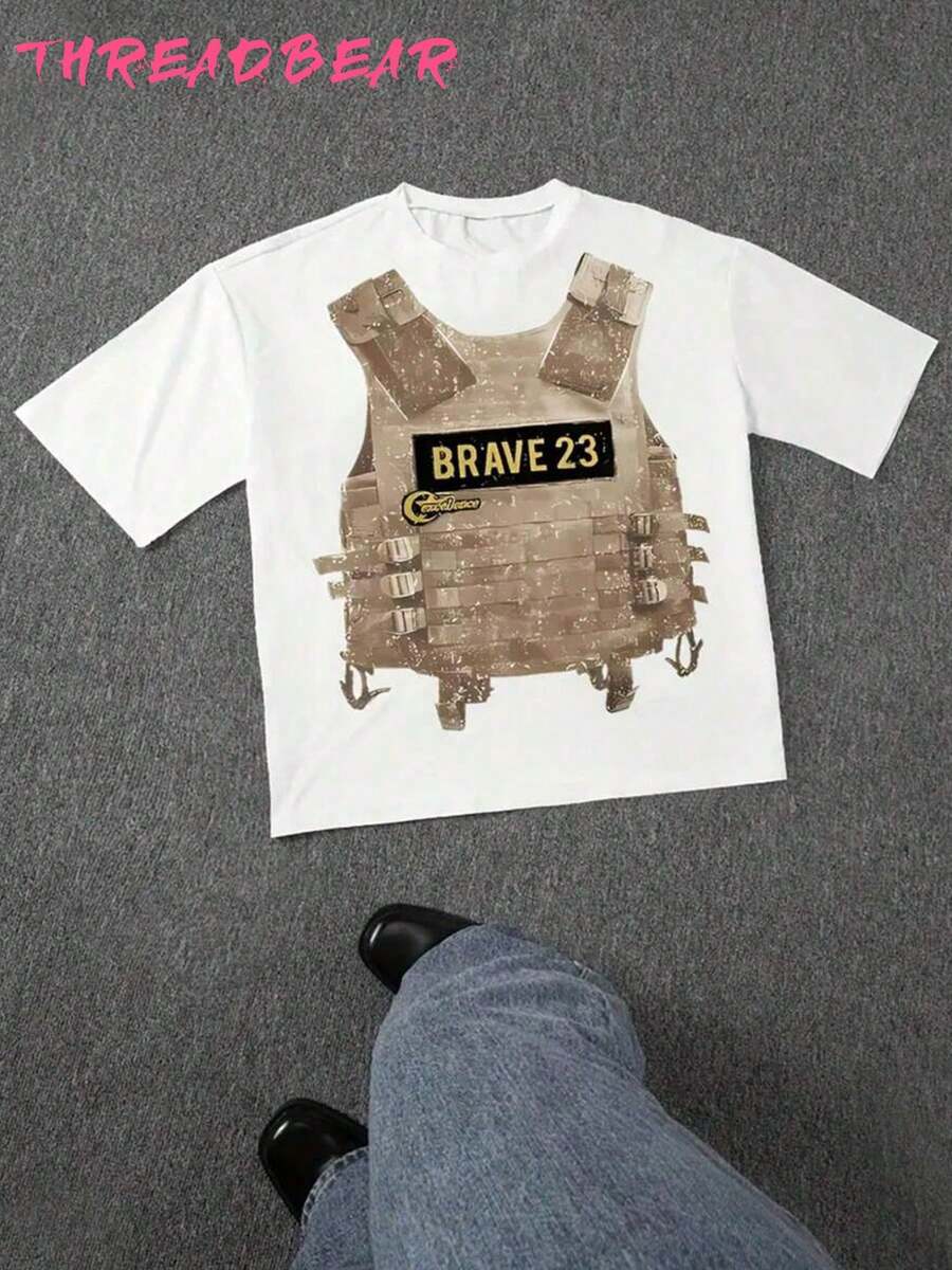 Street Style Retro Fashion Pattern T-Shirt, 220g 100% Pure Cotton Men's Short Sleeved T-Shirt, Summer Loose Casual Round Neck T-Shirt, Hip-Hop Street Style T-Shirt, Y2K - 白色 - 查看 1